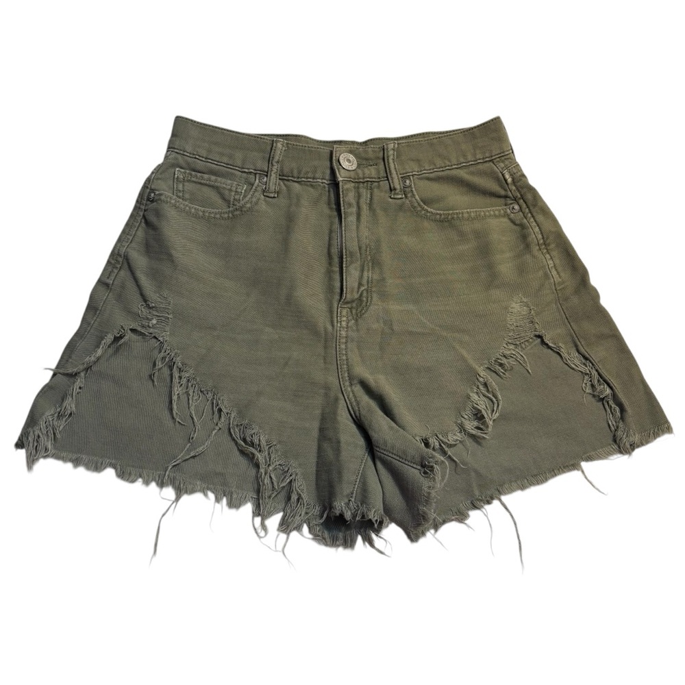 American Eagle Shorts Sz 0 Army Green Denim Distressed Highest Rise Mom Shorts - Picture 2 of 13